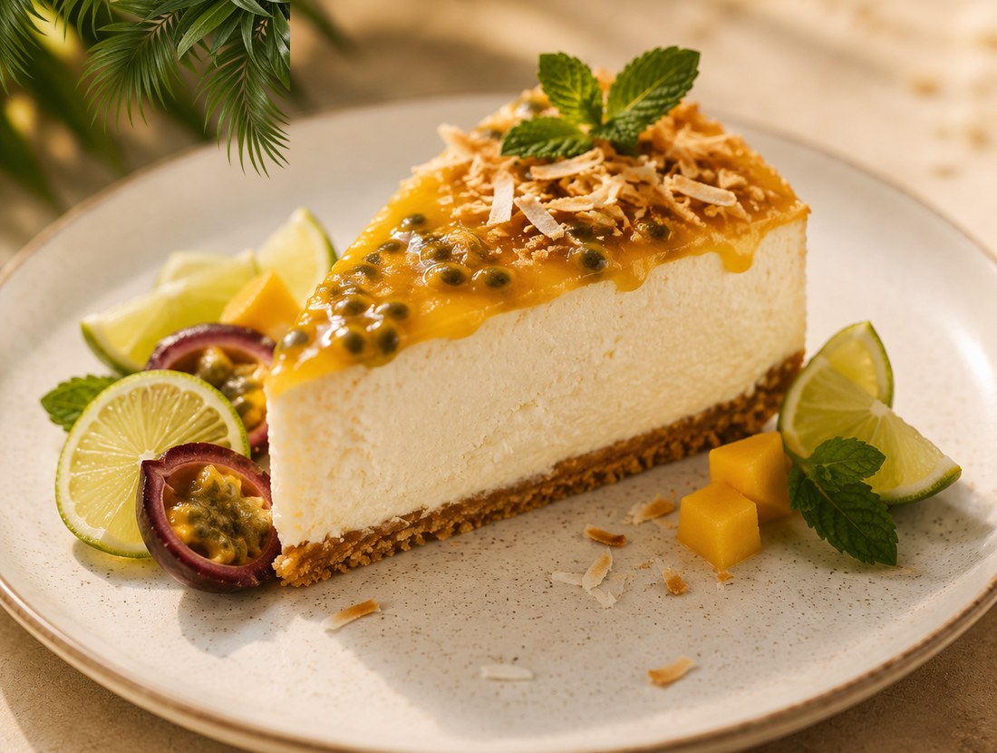 Coconut-lime cheesecake with passionfruit